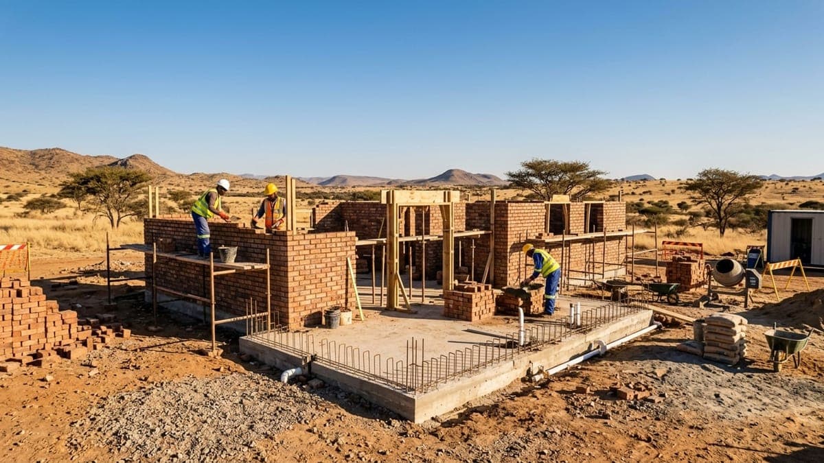 New residential construction project in Namibia showing foundation and frame