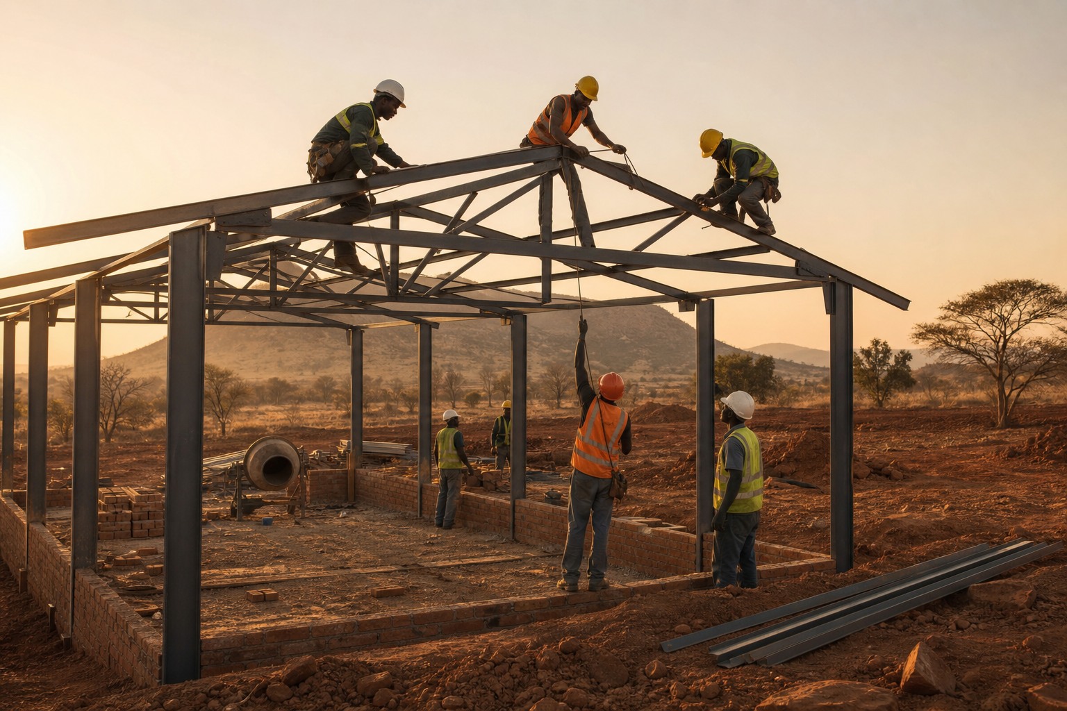 Construction crew assembling a steel roof truss on a building frame at golden hour